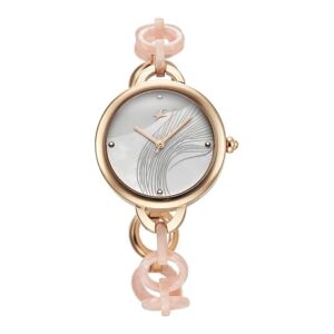 Fastrack Younique Quartz Analog Mother of Pearl Dial Two Toned Pink Acetate & Rose Gold Metal Strap Watch for Girls - 68037KD02